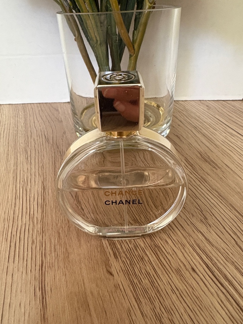 CHANEL Small Clear Glass Home Accent Bottle with Gold Cap